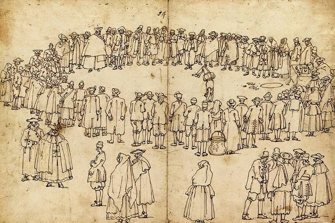 Canaletto: A crowd of spectators watching an acrobat - Drawing - Black lead, pen and brown ink, fragmentary watermark trefoil - Private Collection, Switzerland