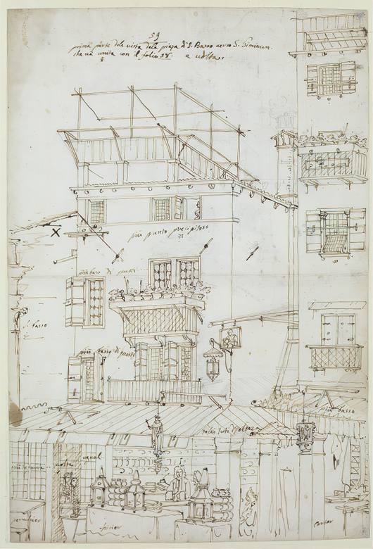 Canaletto: Houses at Campo di San Basso - Drawing - Pen and brown over preliminary drawing in gray pencil, a little red chalk on paper - Staatliche Museen zu Berlin