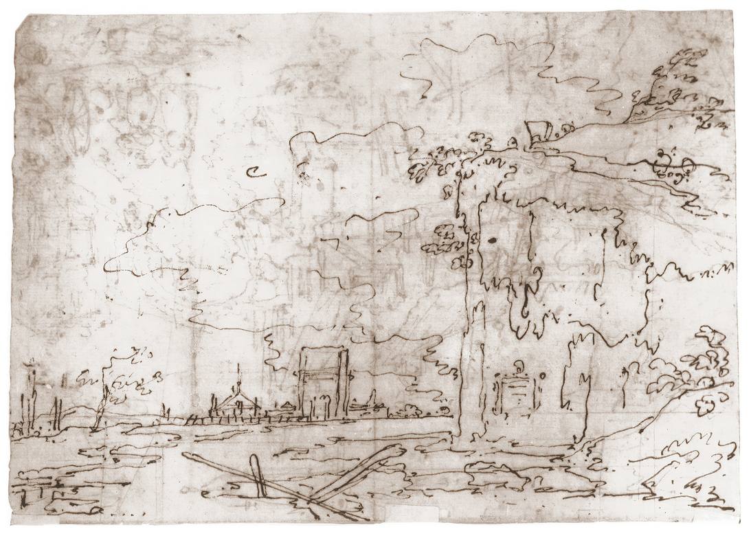 Canaletto: Lagoon landscape with a Cliff - Sketch - Brown ink over faint chalk lines - Schlossmuseum, Weimar