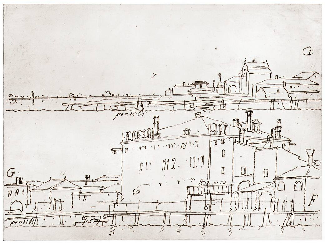 Canaletto: Part of the panorama of the Lido - Sketch - Pen on white paper, preliminary lines in pencil - Private Collection - Mr. Charles Loeser, Florence