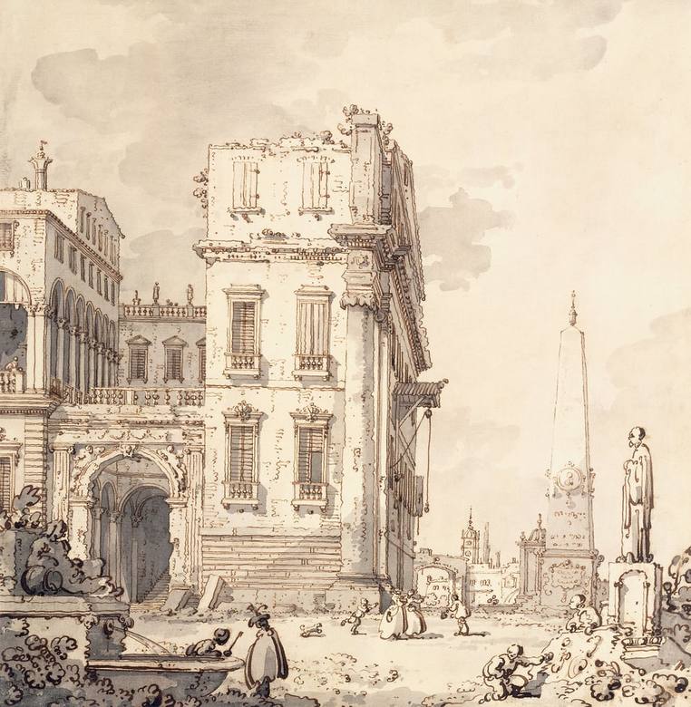 Canaletto: A capriccio of a Venetian Palace Overlooking a Piazza with an Obelisk - Drawing - Black chalk, pen and brown ink, grey wash - Private Collection