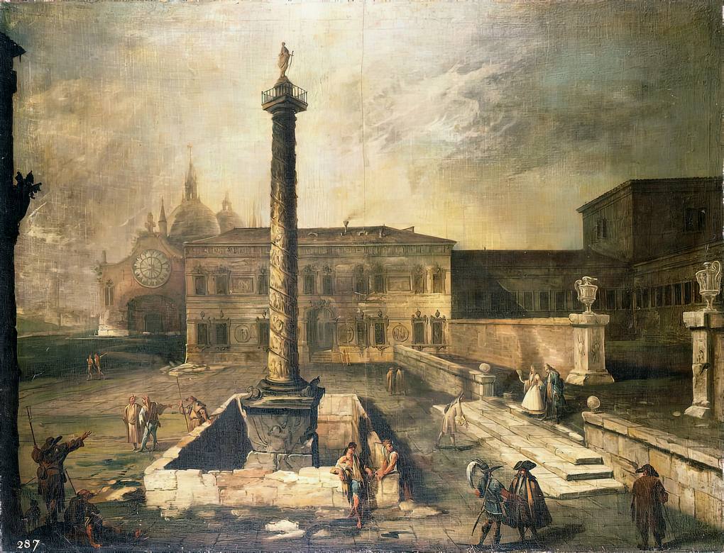 Canaletto: A capriccio of a piazza in front of a palace with the Column of Marcus Aurelius, pilgrims and townsfolk, a domed church beyond - Oil on canvas - Private Collection