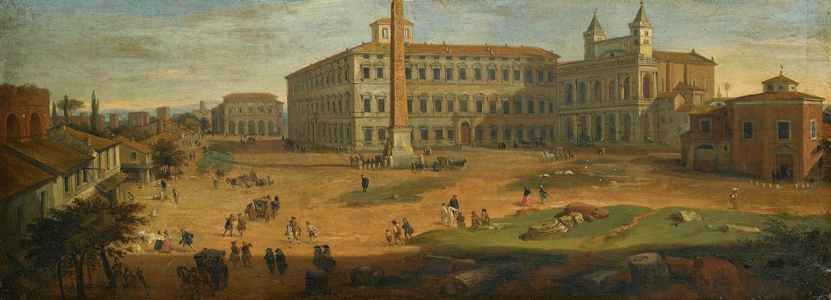 Caspar van Wittel: Rome, a view of Piazza San Giovanni Laterano with figures and horse-drawn carts - Oil on canvas - Private Collection