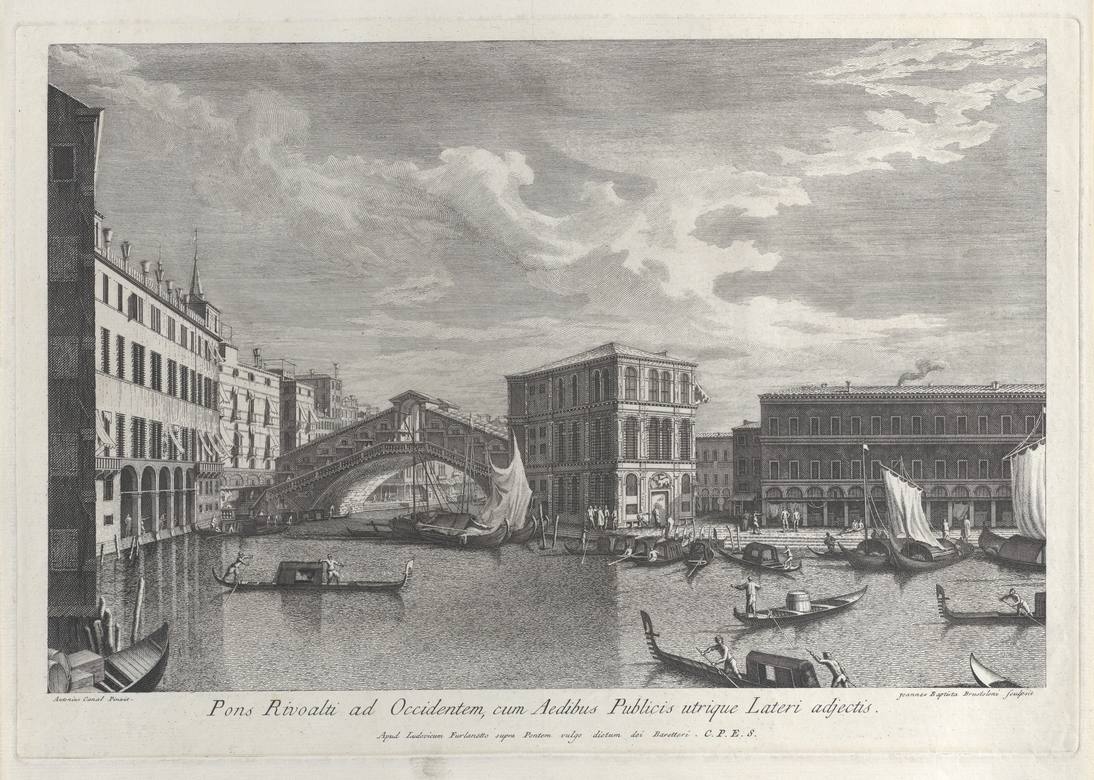Giambattista Brustolon:  [1763] - The Rialto Bridge, Venice, with boats and gondolas in the water - Etching - Metropolitan Museum of Art, New York