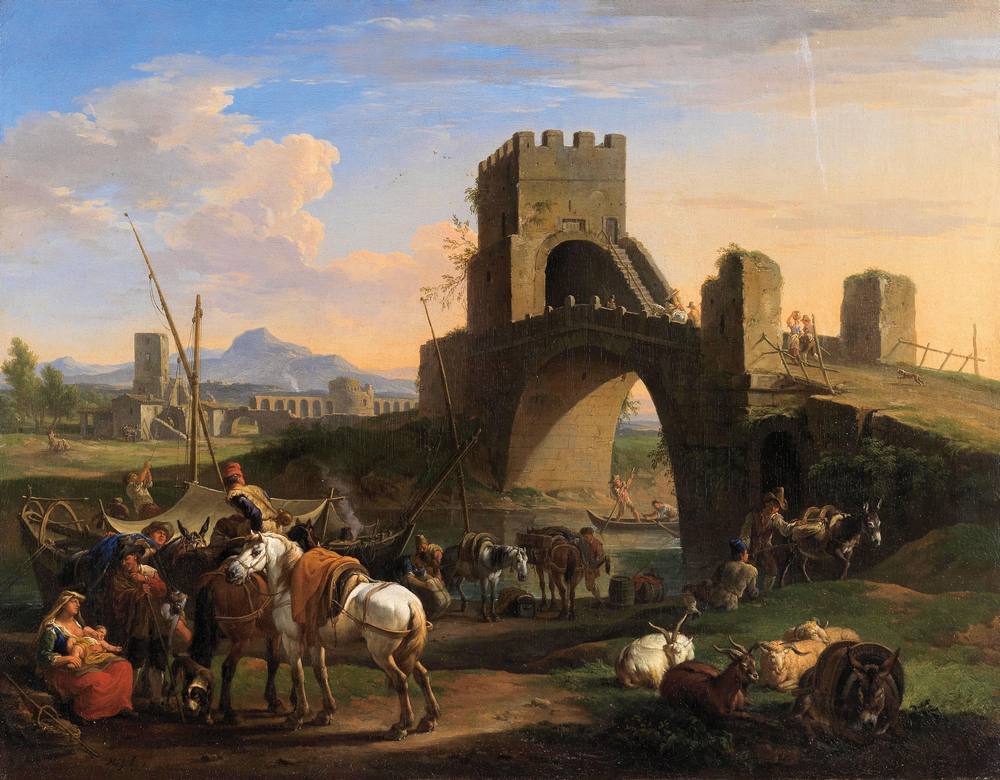 Jacob de Heusch: Peasants near the Ponte Salario, Rome - Oil on canvas - Private Collection, Europe
