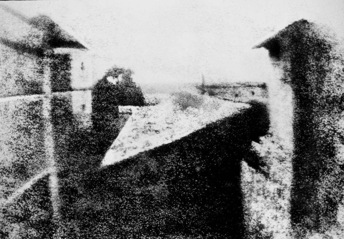 Joseph Nicéphore Niépce:  [1827] - Point de vue du Gras - reproduction and enhanced image - 8 hours exposure - Harry Ransom Center, Texas